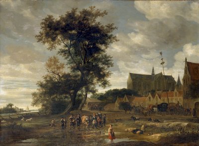 Escena ante un Palo de Mayo con la Iglesia de Alkmaar en el Fondo de Salomon Ruysdael
