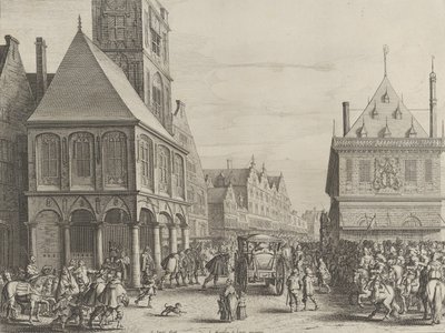 Magistrados de la ciudad despidiéndose de María de Médici frente al ayuntamiento, de Caspar Barlaeu de Salomon Savery