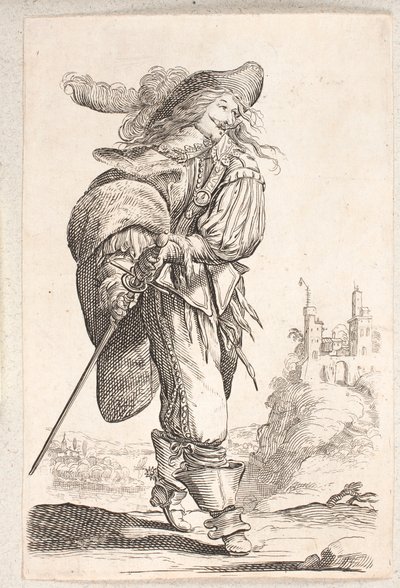 Hombre caminando, perfil tres cuartos a la derecha, agarrando la espada en su cadera. En el fondo un castillo de Salomon Savery