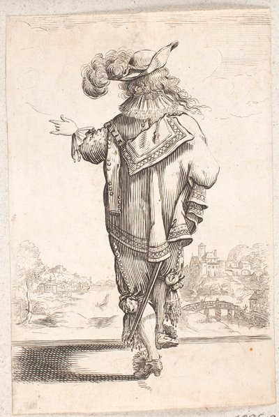 Hombre caminando de espaldas con sombrero adornado con plumas, gesticulando con su mano izquierda. En el fondo, a la derecha, una ciudad junto a un río de Salomon Savery