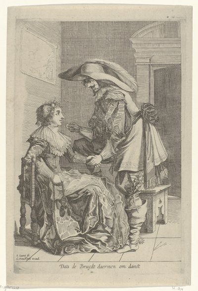 El hombre le ofrece una moneda a una mujer Dats de Bruydt daermen om danst (título sobre el objeto) de Salomon Savery