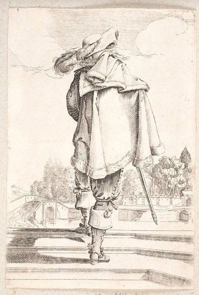 Hombre visto de espaldas subiendo tres escalones de Salomon Savery