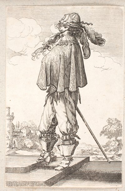 Hombre, perfil hacia la izquierda, con espada y sombrero con plumas, subiendo dos escalones de Salomon Savery