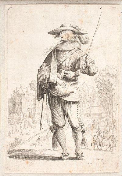 Soldado de pie visto de frente pero con la cabeza en perfil izquierdo. Sostiene un bastón en la mano izquierda de Salomon Savery