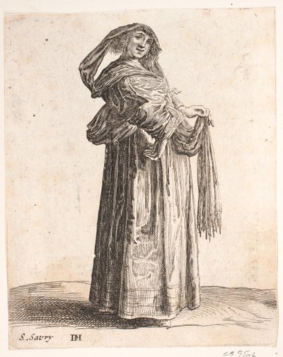 Mujer de pie en perfil derecho. Cabeza girada al frente. Lleva pañuelo en el cabello de Salomon Savery