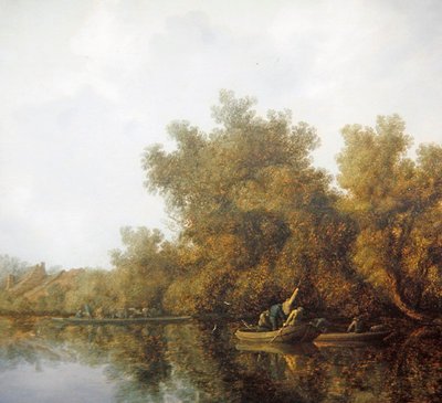 Paisaje fluvial con pescadores en botes de remo levantando una captura de Salomon van Ruisdael or Ruysdael