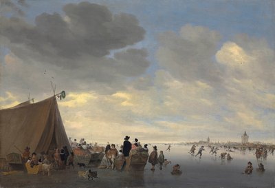 Patinadores en el río Lek congelado, la ciudad de Vianen al fondo, 1653 de Salomon van Ruisdael or Ruysdael
