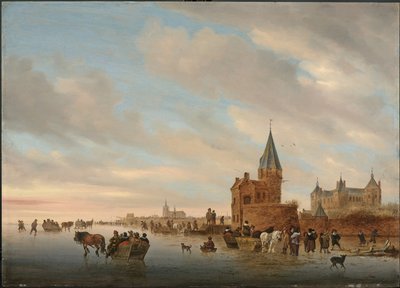 Paisaje de invierno con placeres de hielo frente a un capricho de la ciudad de Arnhem, 1652 de Salomon van Ruisdael or Ruysdael
