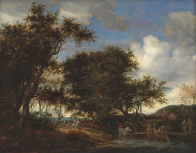 Paisaje con viajeros abrevando sus caballos de Salomon van Ruysdael