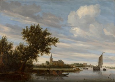 Vista fluvial con iglesia y transbordador de Salomon van Ruysdael