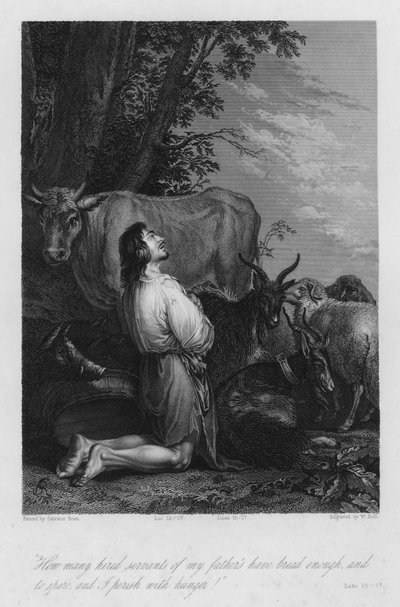 El arrepentimiento del hijo pródigo, Lucas 15 de Salvator (after) Rosa