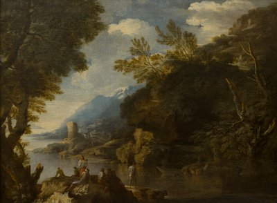 Paisaje con figuras y barcos, c.1635-73 (óleo sobre lienzo) de Salvator (follower of) Rosa
