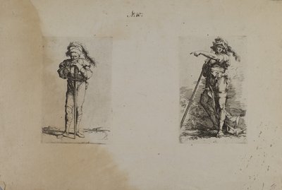(Serie de figuras) Anciano con sombrero de plumas, manos descansando de Salvator Rosa