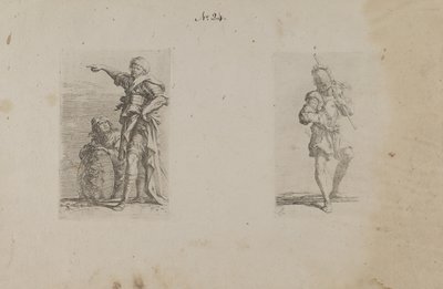 (Serie de figuras) Dos hombres, uno apuntando a la izquierda, el otro arrodillado de Salvator Rosa