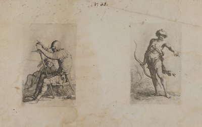 (Serie de figuras) Dos hombres sentados, cada uno con un arma de Salvator Rosa