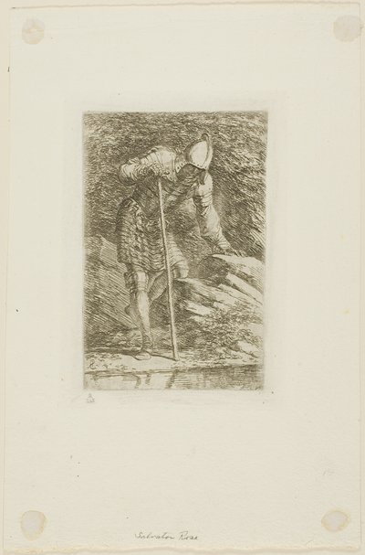 Un Guerrero en Armadura Completa en una Gruta de Salvator Rosa