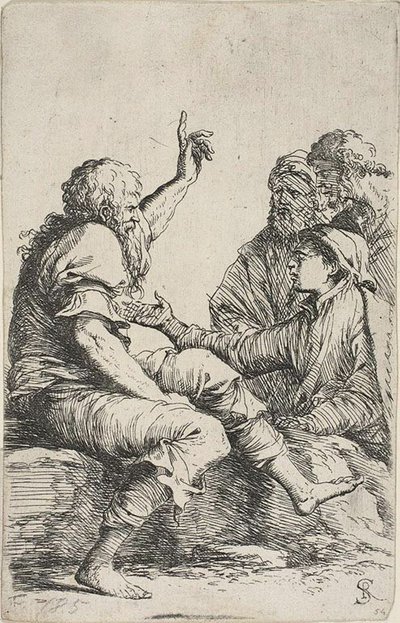 Un anciano barbudo sentado en una roca haciendo un gesto exhortatorio hacia tres hombres frente a él, de la serie Figurine de Salvator Rosa