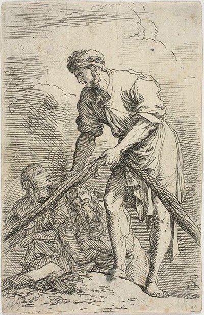 Un hombre tirando de una red, con dos figuras detrás de él, de la serie Figurine de Salvator Rosa