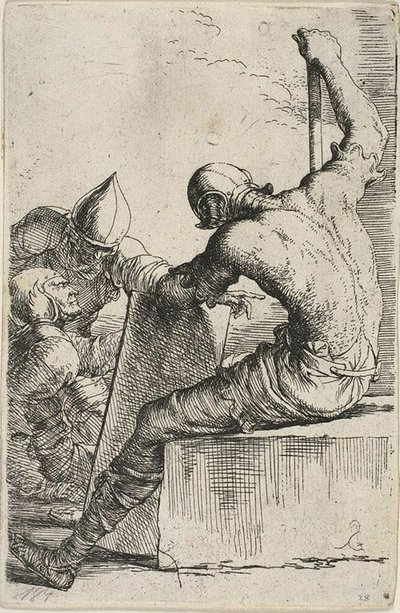 Un guerrero, sentado en un bloque en primer plano, sostiene un escudo y un bastón y se vuelve hacia dos guerreros detrás de él, de la serie Figurine de Salvator Rosa