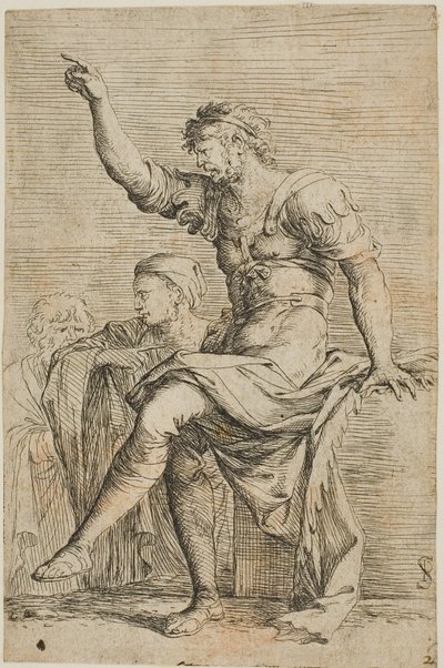 Un guerrero se sienta en un bloque y gesticula; dos figuras están detrás de él, de la serie Figurine de Salvator Rosa