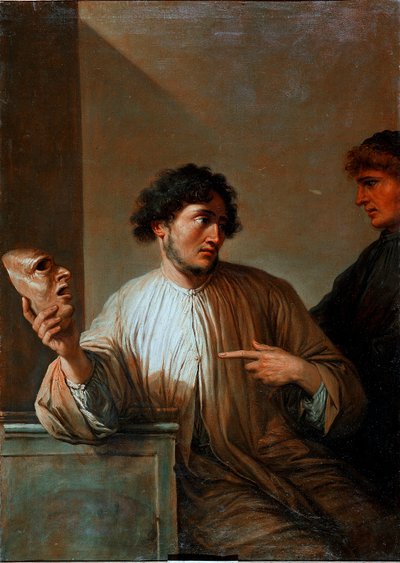 Alegoría de la mentira en forma de hombre sosteniendo una máscara de Salvator Rosa