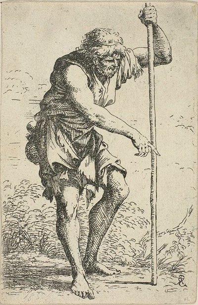 Un hombre viejo y harapiento con un bastón y una tierra en su cadera, de Figurina de Salvator Rosa