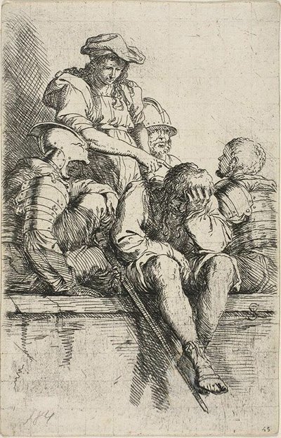 Cuatro guerreros y un joven de pie, que señala a uno de ellos, de la serie Figurine de Salvator Rosa