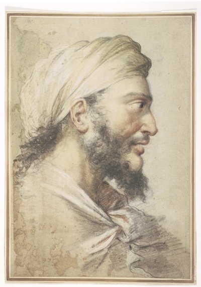 Cabeza de un hombre barbudo de perfil a la derecha con turbante de Salvator Rosa