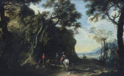 Paisaje con viajeros preguntando el camino, c.1641 (óleo sobre lienzo) de Salvator Rosa