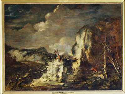 Paisaje rocoso con un cazador y guerreros - Un ... de Salvator Rosa
