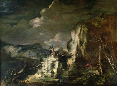Paisaje rocoso con un cazador y guerreros de Salvator Rosa