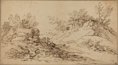 Paisaje rocoso con una casa rústica de Salvator Rosa