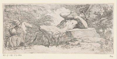 Sátiro con flauta de pan Tritones y dioses del río (título de la serie) de Salvator Rosa