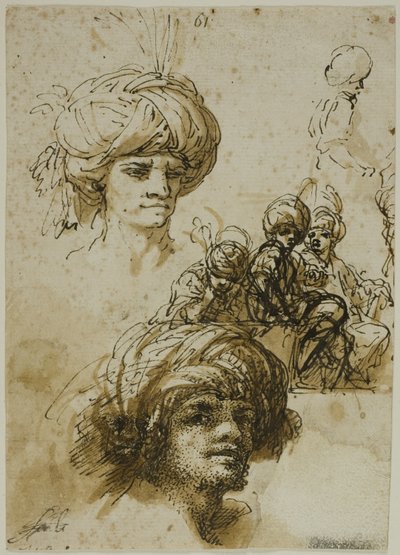 Bocetos de hombres turbantes (anverso); fragmento de figura y bocetos de ornamento arquitectónico foliado (reverso) de Salvator Rosa