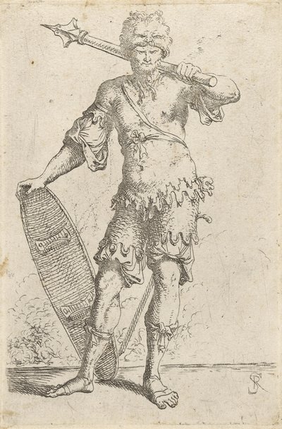 Guerrero exótico de pie con gorra de cabeza de león, sosteniendo una maza y un escudo, c.1656-57 de Salvator Rosa
