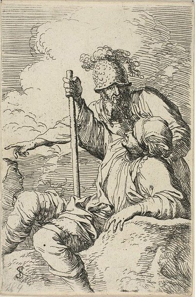 Tres guerreros, uno sentado en una roca en primer plano sosteniendo un bastón; el segundo de pie detrás de él y señalando, el tercero visto como una cara detrás de ellos, de la serie Figurine de Salvator Rosa