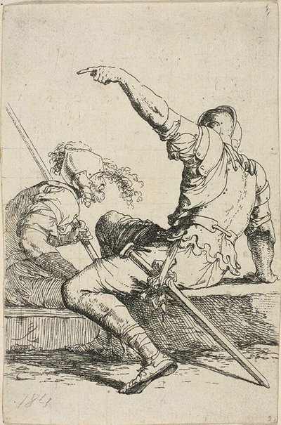Dos guerreros sentados en rocas bajas de Salvator Rosa