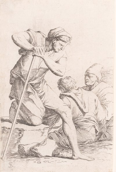 Dos hombres sentados y otro hombre sosteniendo un bastón arrodillado en una roca, de la serie..., ca. 1656-1657 de Salvator Rosa