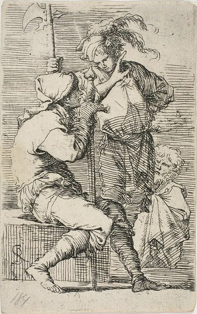 Dos guerreros, uno con una espada, el otro con una alabarda; un anciano barbudo detrás de ellos, de Figurine de Salvator Rosa