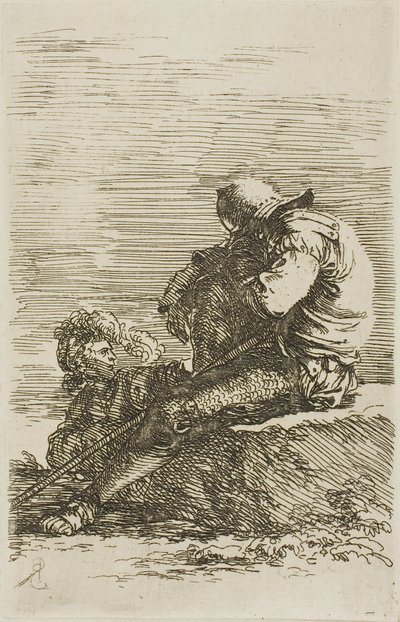 Dos guerreros, uno sentado y dormido sobre una roca en primer plano, de la serie Figurine de Salvator Rosa