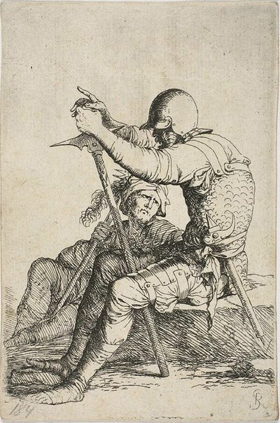 Dos guerreros, uno sentado en una roca baja en primer plano y sosteniendo un martillo de guerra; la otra figura sentada en el suelo detrás de él, sosteniendo una maza sobre su hombro derecho y mirando hacia la figura en primer plano, de la serie Figurine de Salvator Rosa