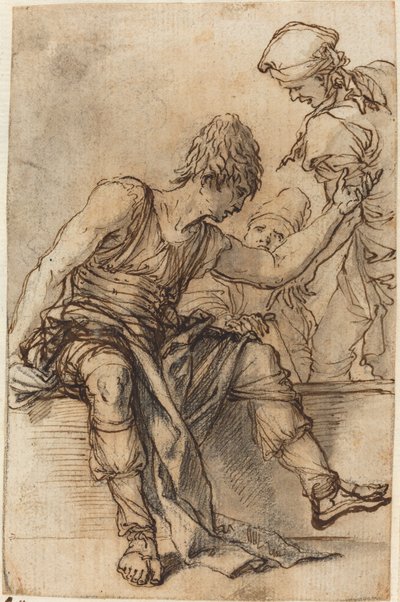 Joven sentado en una pared conversando con dos hombres de Salvator Rosa
