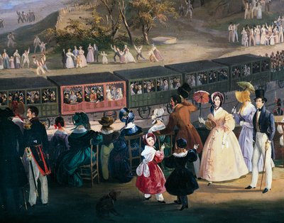 Fernando II en el tren durante el viaje inaugural del ferrocarril Nápoles-Portici, el 4 de octubre de Salvatore Fergola