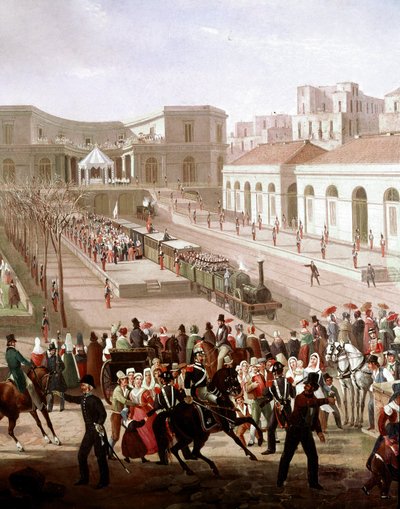 Inauguración de la línea ferroviaria entre Nápoles y Portici en 1839 en presencia del Rey Fernando II (detalle) de Salvatore Fergola