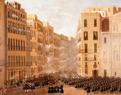 El ejército borbónico reaccionó contra las insurrecciones en Nápoles en mayo de 1848 (detalle) de Salvatore Fergola