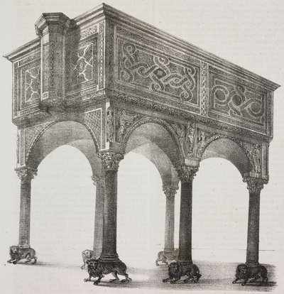 Antiguo ambón de la catedral de Sessa Aurunca, Campania, Italia, litografía de Salvatore Puglia según dibujo de Pasquale Mattei (1813-1879) de Poliorama Pittoresco, n 43, 31 de mayo. de Salvatore Puglia