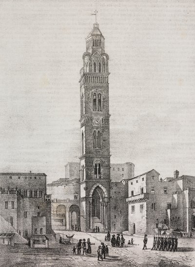 Campanario de la catedral de Gaeta, Lacio, Italia, litografía de Salvatore Puglia sobre dibujo de Pasquale Mattei (1813-1879), de Poliorama Pittoresco, n 48, 6 de julio. de Salvatore Puglia