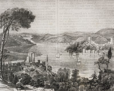 Castillos del Bósforo en las costas de Asia y Europa, Turquía, litografía de Gaetano Riccio de Poliorama Pittoresco, n 18, 9 de diciembre de Salvatore Puglia