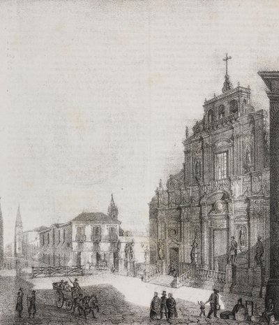 Fachada de la Basílica de San Sebastiano en Acireale, Sicilia, Italia, litografía de Salvatore Puglia de Poliorama Pittoresco, n 39, 3 de mayo de Salvatore Puglia