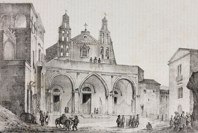 Fachada de la catedral de Sessa Aurunca, Campania, Italia, litografía de Salvatore Puglia sobre dibujo de Pasquale Mattei (1813-1879) de Poliorama Pittoresco, n 42, 24 de mayo. de Salvatore Puglia